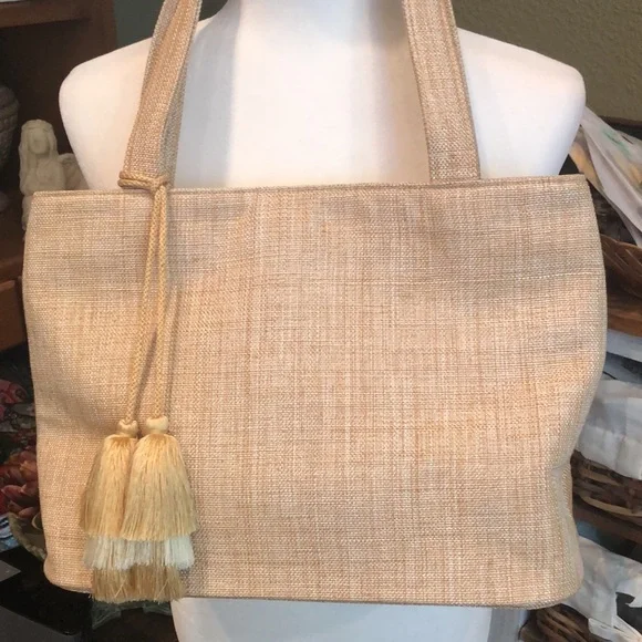 NEW DAVID JEFFREY Neutral Tote Handbag Double Handles Tassel Exterior Zip Pocket